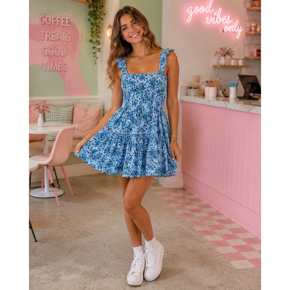 K167. Aerie Boho Blue Floral‎ Smocked Tiered Mini Dress Ruffle Strap Cottagecore